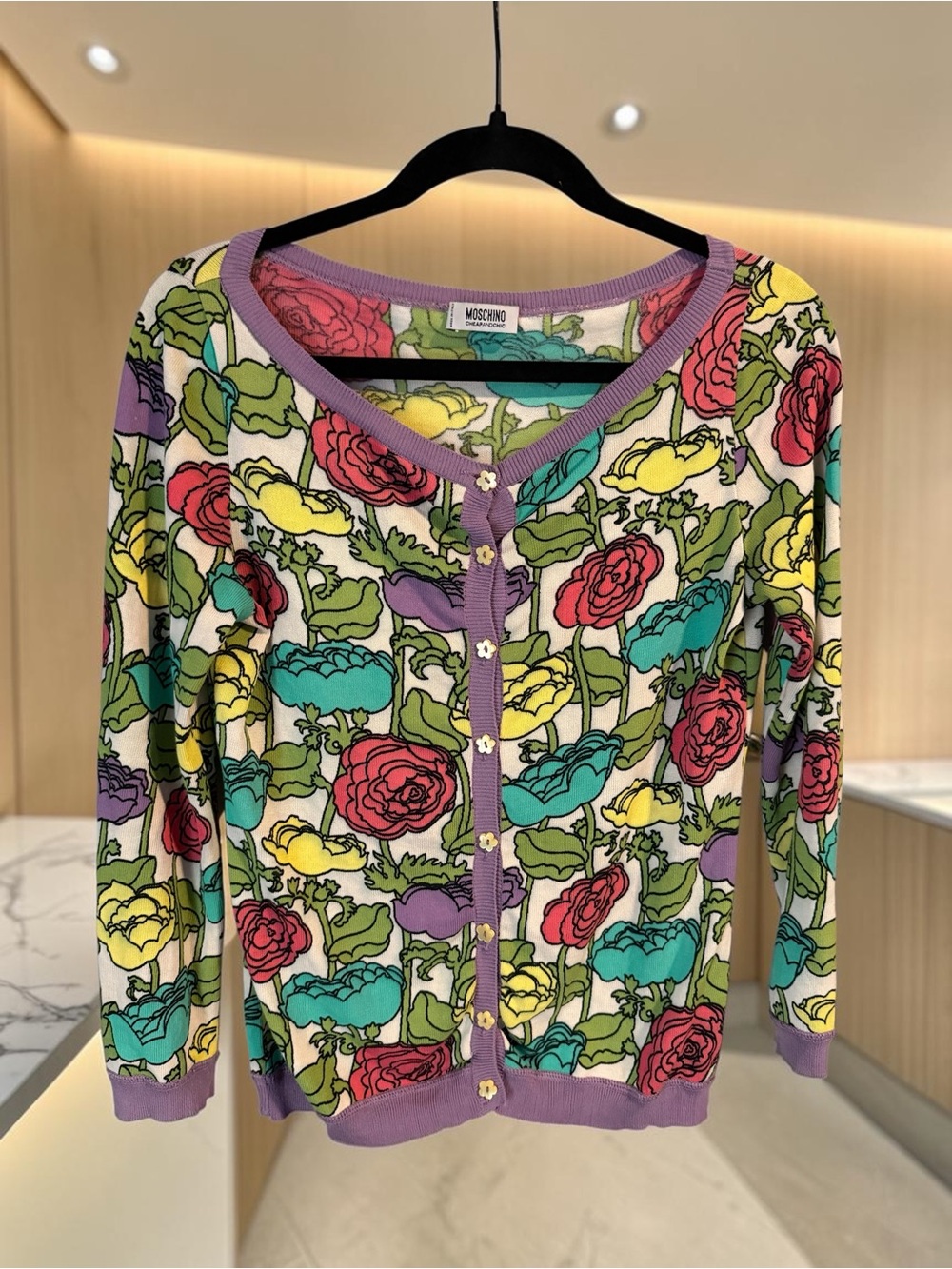 Moschino Cheap and Chic Multicolor Floral Cardigan — Purple Trim